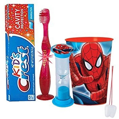 Marvel Spider-Man Inspired Boys 4pc Bright Smile Oral Hygiene Set! Flashing Lights Toothbrush, Toothpaste, Brushing Timer & Mouthwash Rise Cup! Plus Bonus
