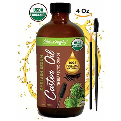 Castor Oil (4oz) USDA Certified Organic, 100% Pure, Cold Pressed by Naturopathy. Stimulate Growth for Eyelashes, Eyebrows, Hair. Lash Growth Serum. Brow Treatment. FREE Mascara Starter Kit