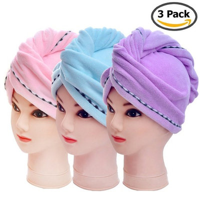 3 Pack Microfiber Hair Towel Wrap BEoffer Super Absorbent Twist Turban Fast Drying Hair Caps with Buttons Bath Loop Fasten Salon Dry Hair Hat Pink Blue Purple