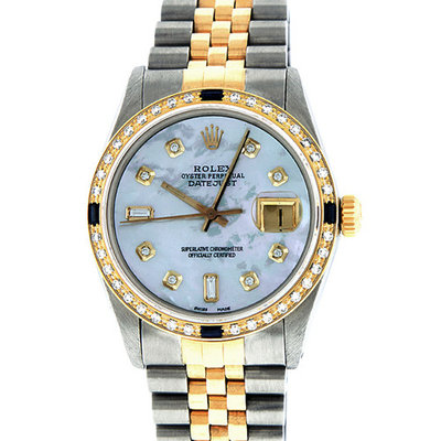Pre-Owned Rolex Mens Datejust Steel & 18K Yellow Gold MOP Diamond & Sapphire Watch 16013 Jubilee