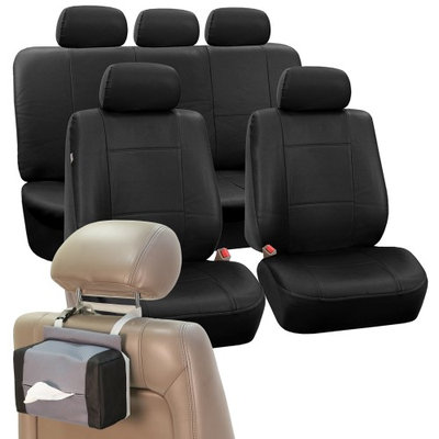 Classic Faux Leather Car Seat Cover Set Black Free Gift Tissue Dispenser