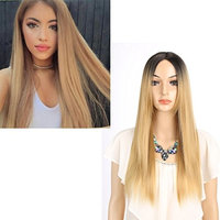 Long Straight Hair Two Tone Black and Blonde Ombre Wig Heat Resistant Fiber Synthetic Wigs