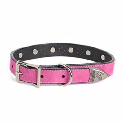 Dog Collar 100% Suede Italian Leather With Decorative Rose Swarovski Crystals and Silver Heart Ornaments - Hot Pink - 1/2