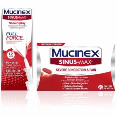 2 Pack - Mucinex Sinus-Max Full Force Nasal Spray 0.75 oz & Sinus-Max Severe Congestion Relief Caplets, 20 ct