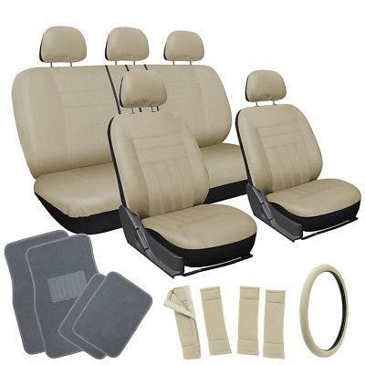 Istiloshoppe Car Accessories 20pc Set All Beige Tan Car Seat Cover Wheel Pad+Head Rest + gray Floor Mats 1A