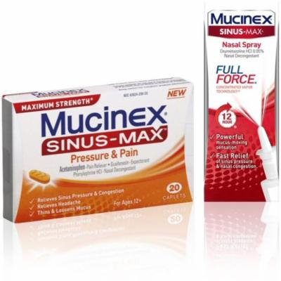 4 Pack - Mucinex Mucinex Sinus-Max Full Force Nasal Spray 0.75 Oz & Sinus-Max Pressure and Pain Caplets, 20 ct, 1 Ea