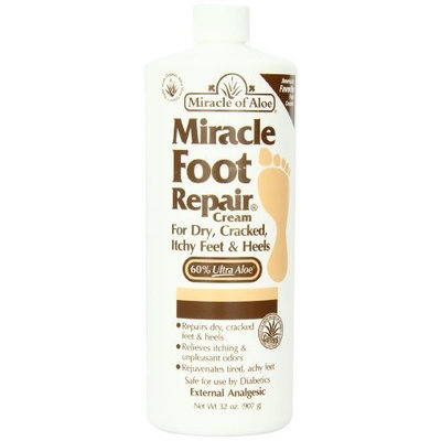 Miracle of Aloe Miracle Foot Repair Cream 32 Oz As Seen On TV Guarantees to Repair Dry, Cracked Feet & Heels! Helps Stop Itching & Unpleasant Odors Quick, Fast, Easy and Completely Painless! Contains 60% Ultra Aloe, All Natural Formula. Penetrates Deep Through Layers of Skin, Speeds Up Cell Renewal, Remoisturizes & Repairs Skin Guaranteed!