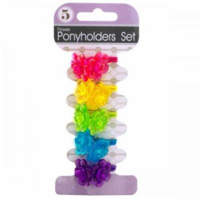 Bulk Buys KL20788 Clasp-free Colored Flower Ponyholders Set - Assorted, 5 Piece