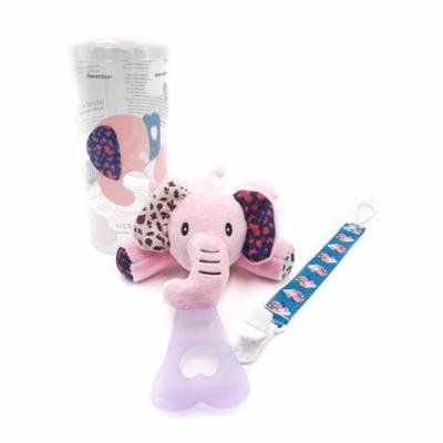 Nissi & Jireh 5 In 1 Pacifier holder plush toy Teether, Pink Elephant