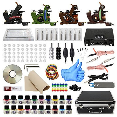 Tattoo Kit with Case Complete Tattoo Gun Kit 4pcs Starter Tattoo Machine Kit Tattoo Kit 20 Colors Tattoo Inks for Beginners CD013