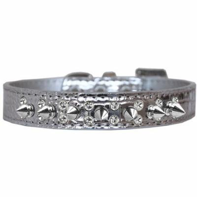 Double Crystal and Spike Croc Dog Collar Silver Size 16