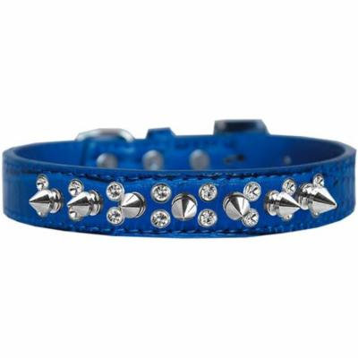Double Crystal and Spike Croc Dog Collar Blue Size 16