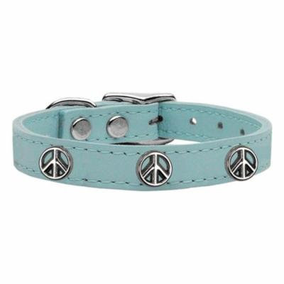 Peace Sign Widget Genuine Leather Dog Collar Baby Blue 14