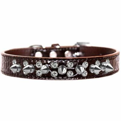 Double Crystal and Spike Croc Dog Collar Chocolate Size 18