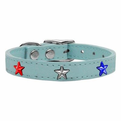 Red, White and Blue Star Widget Genuine Leather Dog Collar Baby Blue 18