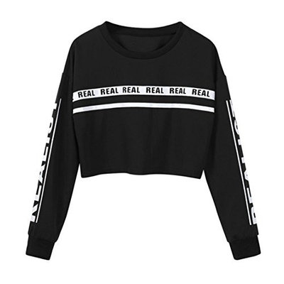 Fheaven Women Fashion White Letter Print Crop Sweatshirt Short Top Blouse Winter