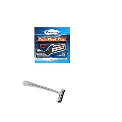 Trac II Chrome Handle + Personna Twin Pivot Plus Razor Cartridges w/ Lubricating Strip for Atra & Trac II Razors 10 ct. + FREE Assorted Purse Kit/Cosmetic Bag Bonus Gift