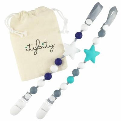 Pacifier Clip Boy, BPA Free Silicone, Use with Any Pacifier or Teether, 2 Pack (Navy/White/Turquoise/Gray)