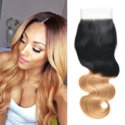 Top Hair Peruvian Virgin Hair Body Wave Lace Closure 4×4 Bleach Knots with Baby Hair Free Part Full Lace closure ombre hair 1b/27 Color 130% Density (12 inch)