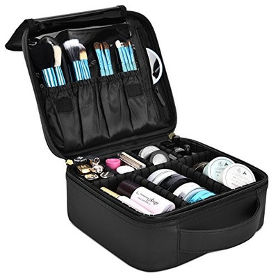 NiceEbag Travel Makeup Bag Large Cute Cosmetic Bag for Women Leather Makeup Case Professional Cosmetic Train Case Organizer with Adjustable Dividers for Cosmetics Make Up Tools Toiletry Jewelry,Black