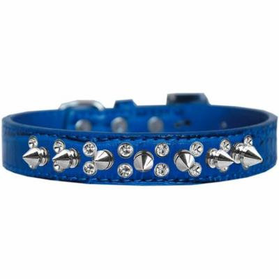 Double Crystal and Spike Croc Dog Collar Blue Size 14