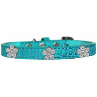 Silver Flower Widget Croc Dog Collar Turquoise Size 12