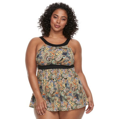 Plus Size A Shore Fit Hip Minimizer One-Piece Swimdress and Brief Bottoms Set