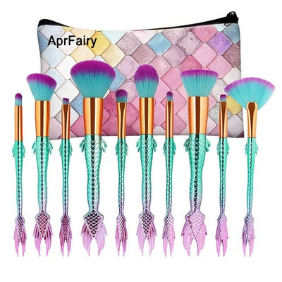 AprFairy 2017 Mermaid Makeup Brushes Set 10pcs with Pink Plaid Makeup Bag Ultra-soft Bristles Face Foundation Beauty Tools Blush Concealer Contouring Make Up Brush Kit - Green Pink Gradient