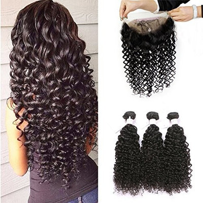 BEEOS Hair Pre Plucked 360 Lace Frontal with Bundles Deep Wave 8A Grade Brazilian Human Hair Weft with Baby Hair For Black Women Natural Color (18 20 22+16inch)