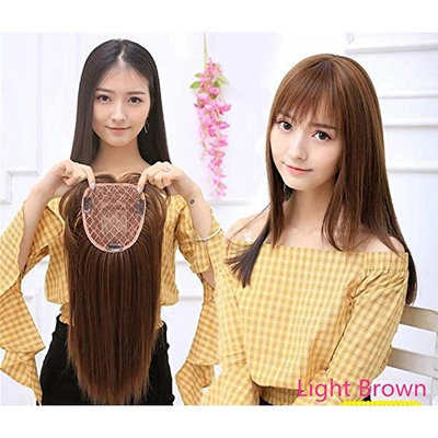 Yudit Synthetic Human Hair Mono Hairpiece for Hair Loss Clip in/on Hair Topper with Air Bangs 12 Inches ((Thin style,Light Brown/a combination of 2# and 30#)