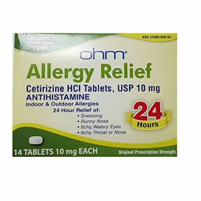 Ohm Cetirizine Hci Antihistamine 10mg 24HR Allergy Relief 14 Tablets Each