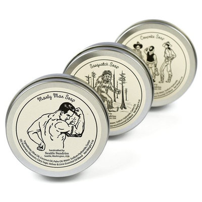 Manly Soap Pack from Seattle Sundries: 100% Natural & Hand Made. Scented with Essential Oils. 3 Bars in Travel Gift Tins. Guys' Favorite Selection!