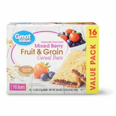 (2 Pack) Great Value Fruit & Grain Cereal Bars, Mixed Berry, 16 Count