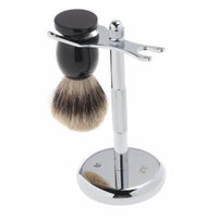 2pcs Badger Hair Shaving Brush & Shaving Stand Set Chrome Stand Wooden Brush