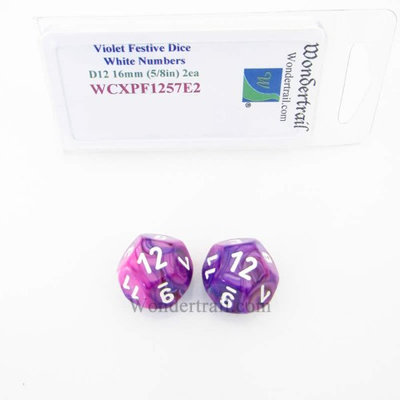 Wondertrail Products Violet Festive Dice with White Numbers D12 Aprox 16mm (5/8in) Pack of 2 Wondertrail