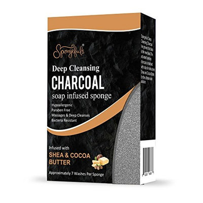 Charcoal Detoxifying Soap Infused Sponge with Shea and Cocoa Butter and Activated Bamboo Charcoal for all Skin Types Spongefuls