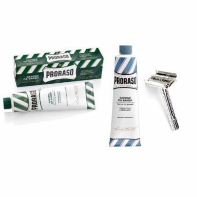 Proraso Shaving Cream, Menthol & Eucoplytus 150 ml + Proraso Shaving Cream, Aloe & Vitamin E 150 ml + Double Edge Razor + Yes to Coconuts Moisturizing Single Use Mask