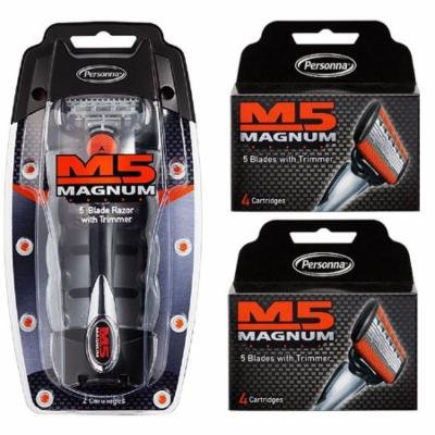 Personna M5 Magnum 5 Razor with Trimmer + M5 Magnum 5 Refill Razor Blade Cartridges, 4 ct. (Pack of 2) + Yes to Tomatoes Moisturizing Single Use Mask