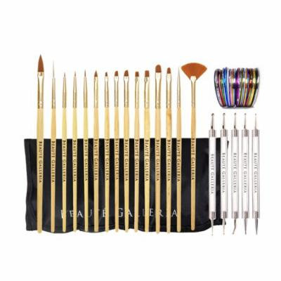Beaute Galleria Bundle 50pcs Nail Art Tool Kit With Pouch: 5pcs Dotting Tool Marbleizing Pen (10 Sizes), 15pcs Acrylic Gel Detailing Painting Liner Brushes, 30pcs Striping Tapes