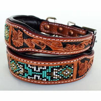 Dog Puppy Collar Genuine Cow Leather Padded Canine Beaded 60115