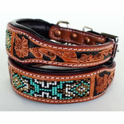 Dog Puppy Collar Genuine Cow Leather Padded Canine Beaded 60115