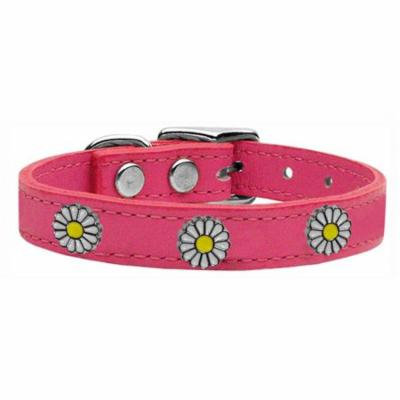 White Daisy Widget Genuine Leather Dog Collar Pink 12