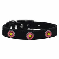 Pink Daisy Widget Genuine Leather Dog Collar Black 22