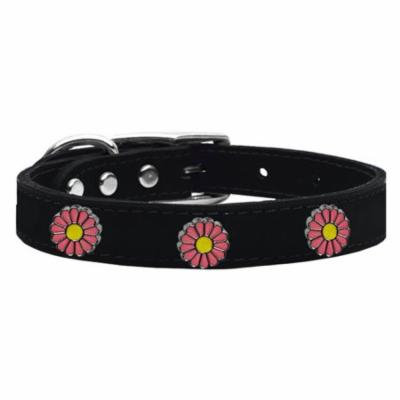 Pink Daisy Widget Genuine Leather Dog Collar Black 22