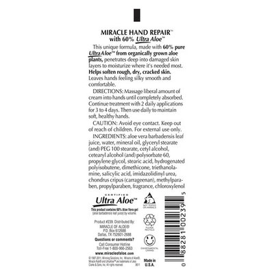Miracle of Aloe, Miracle Hand Repair Cream 4 ounce tube with 60% UltraAloe - 2 Pack
