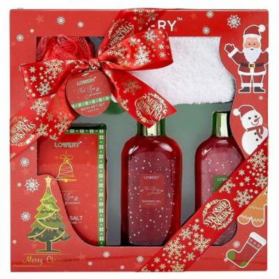 Bath and Body Christmas Gift Box For Women – Red Rose and Jasmine Home Spa Set, Includes Fragrant Bath Salt, a Shower Puff, Christmas Plush Socks and More