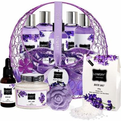 Bath and Body Gift Basket For Women – Lavender and Jasmine Home Spa Set, Including Hot and Cold Gel Eye Mask, Bath Bombs, Massage Oil, Purple Wired Candy Dish and More - 12 Piece Set