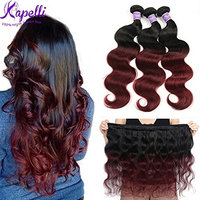 Ombre Brazilian Hair Body Wave Bundles 3pcs,Ombre Brazilian Virgin Hair Human Hair Weave Two Tone Black to Burgundy (T1B/99J,14