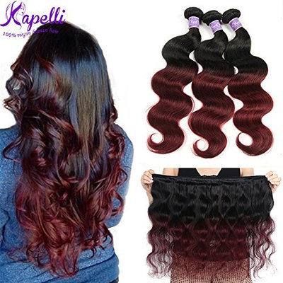 Ombre Brazilian Hair Body Wave Bundles 3pcs,Ombre Brazilian Virgin Hair Human Hair Weave Two Tone Black to Burgundy (T1B/99J,14