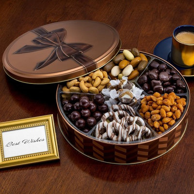 Chocolate and Nuts Gourmet Gift Basket | Valentine's Day, Holiday and All Occasions | Brown Bow Keepsake Tin Design | Dairy-Free, Deluxe Snack Sampler